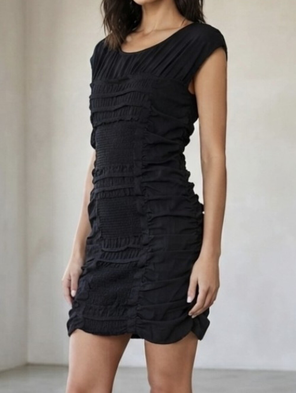 Rue du Mail Martine Sitbon Avant-Garde Black Smocked Ruched Dress